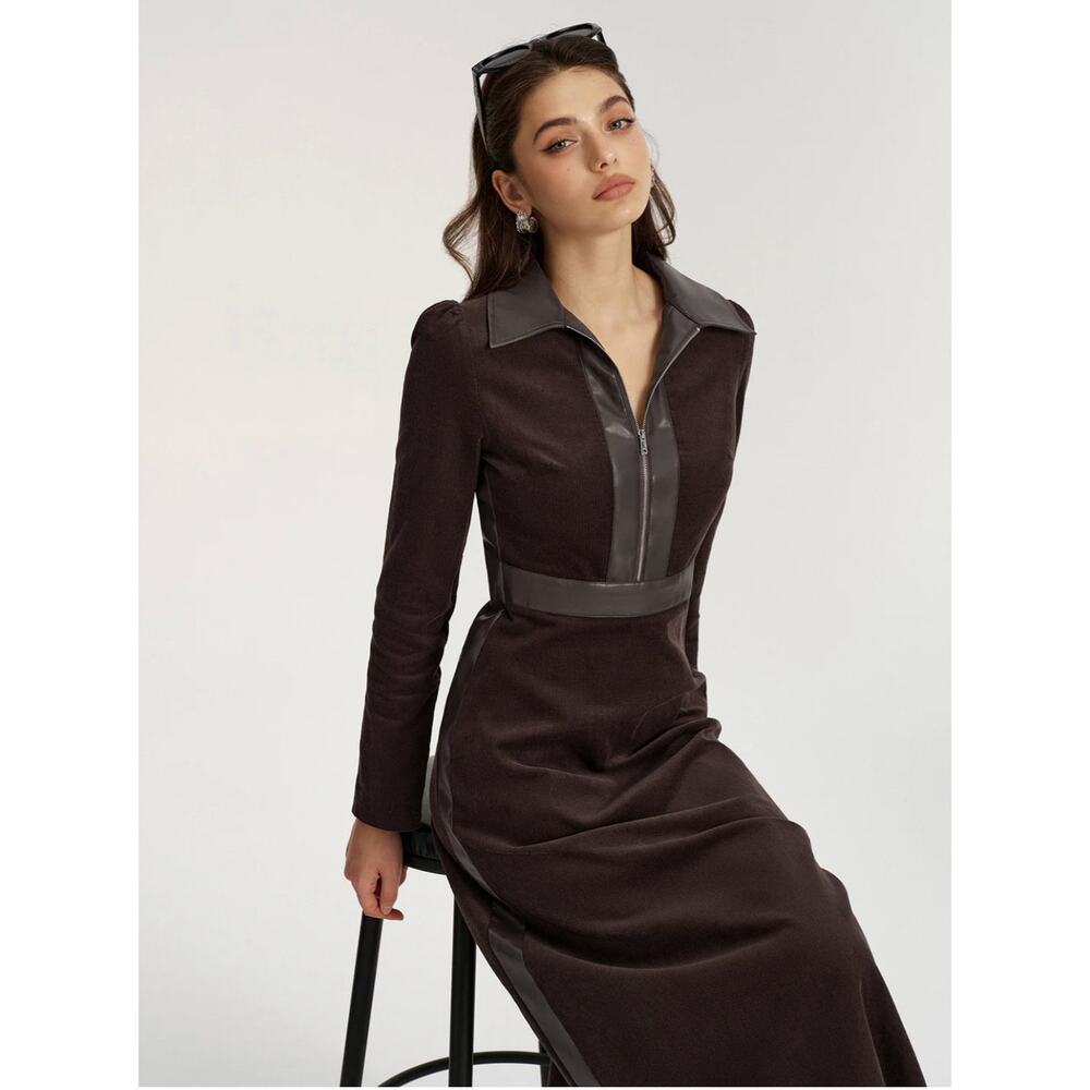 NWT Women's Commense Faux Leather Panel Corduroy Midi Dress Sz M - Picture 2 of 3